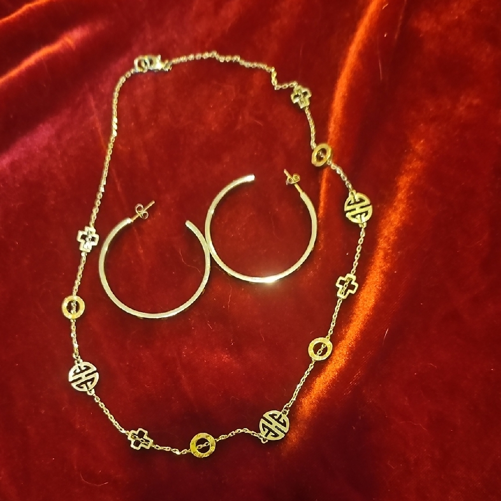 Elegant Silver And Gold Necklace and Hoop Earrings Set